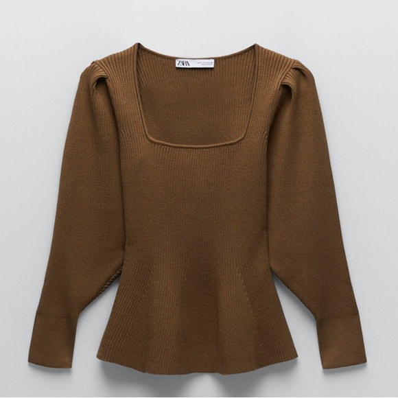 Zara brown Knit Peplum Top Ribbed Sweater Square neck - Picture 5 of 7